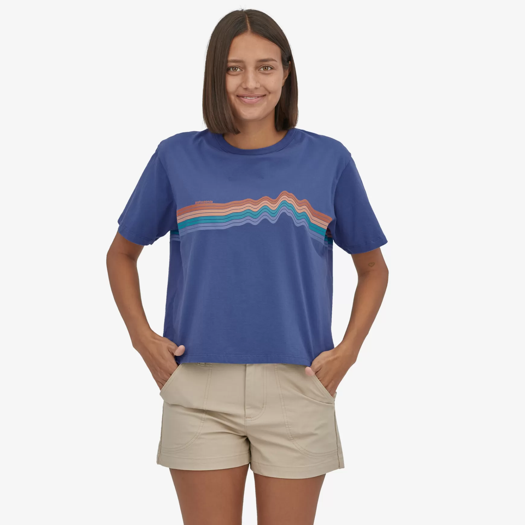 Patagonia Women'S Ridge Rise Stripe Organic Easy Cut Tee Current Blue Best Sale